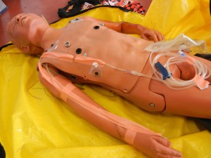 The manikin with "veins" taped along the arms. It allows for actual IV starts and fluid administration. Everything is collected into the empty 1L NS bag. 