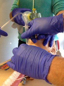 Several participants trying out a needle jet ventilation technique 